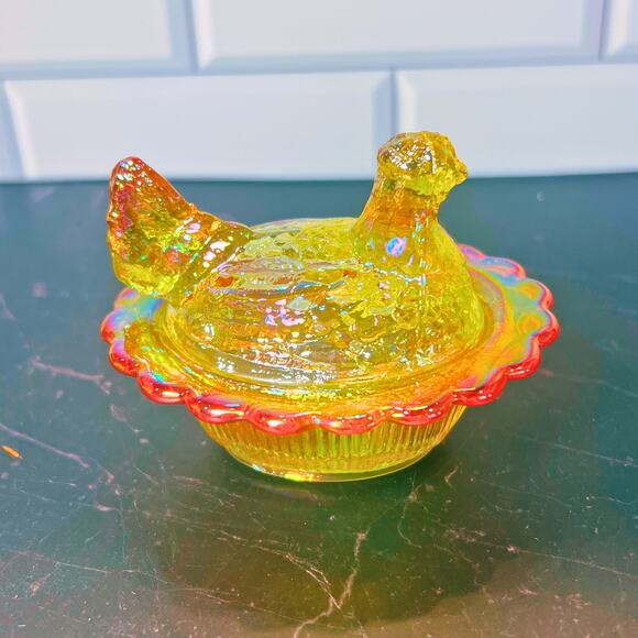 Mini Marigold Carnival Glass Hen on Nest | Iridescent Covered Chicken Dish - Picture 7 of 8